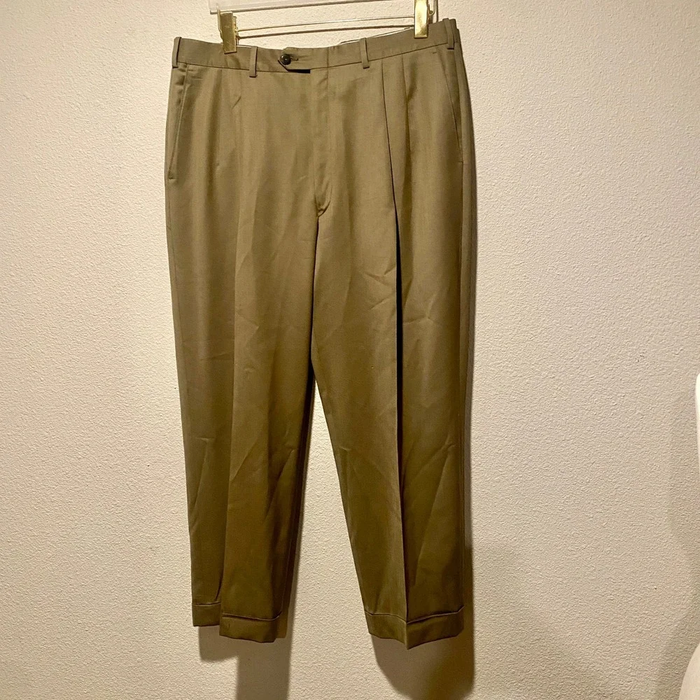 Mens Pleated Dress Pants Olive Green Trousers Career Office